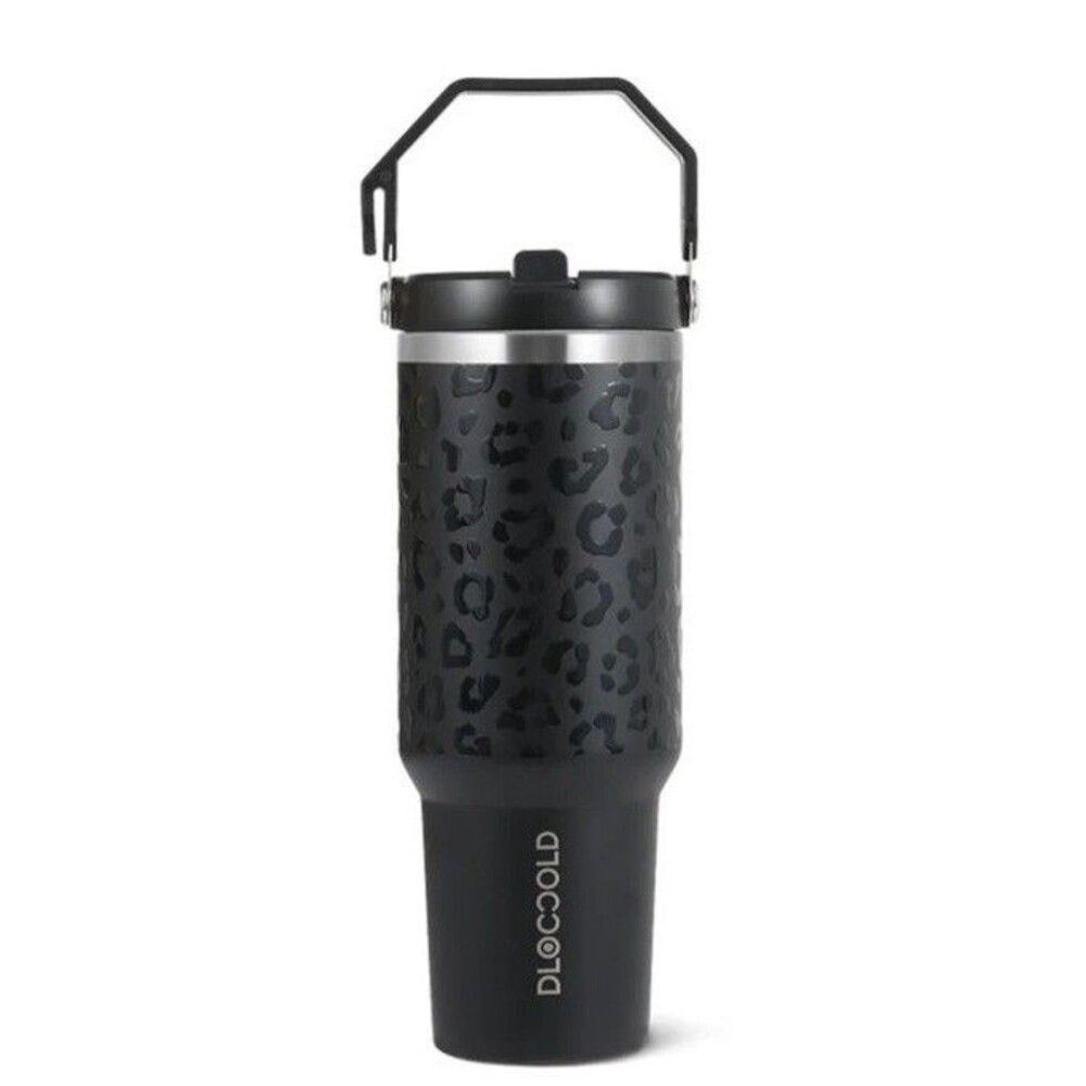 NEW Dloccold 40oz Black Leopard Flip Straw Tumbler Insulated Grab & Go Handle